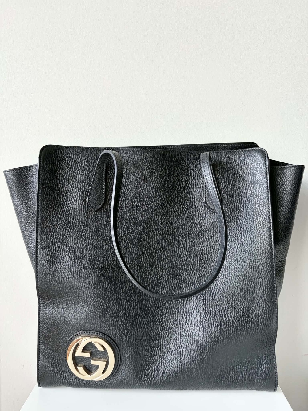 Gucci Black Leather Tote with Gold Double G Emblem